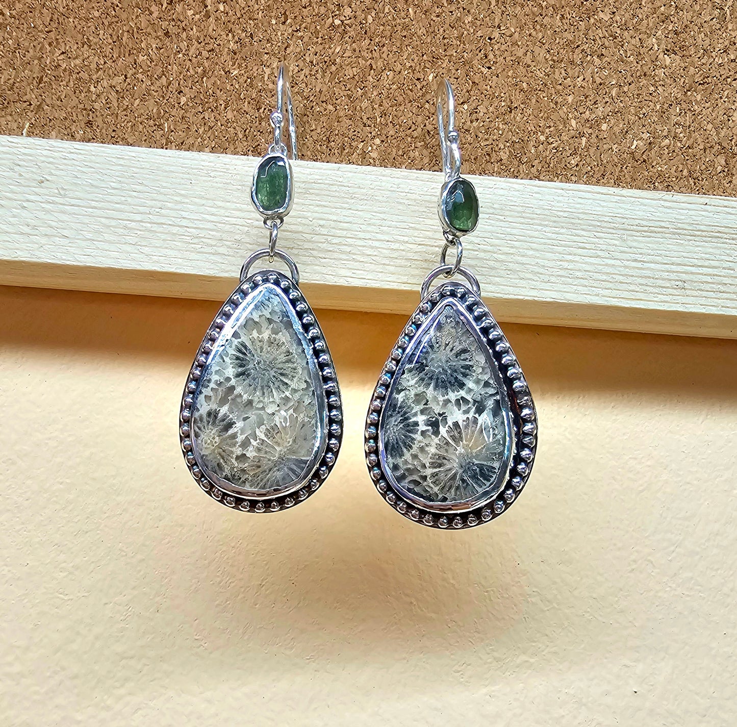 One of a kind fossilised coral ear rings